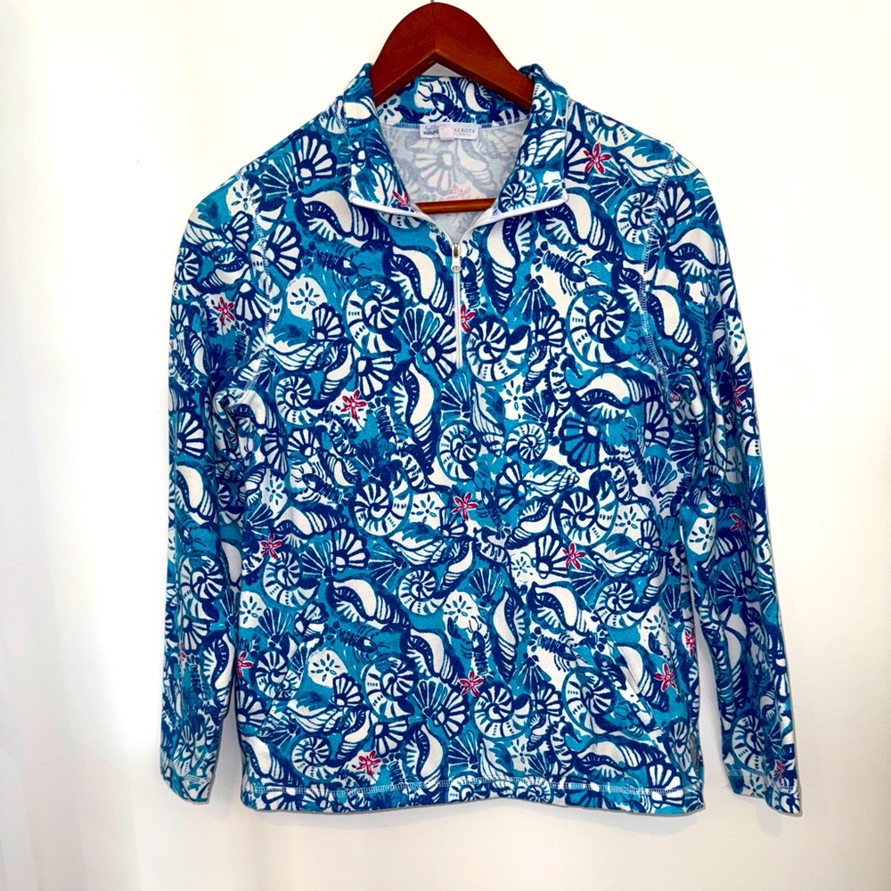 Talbots Women's Blue Seashell Print 1/4 Zip Pullover, sz Small Petite - Picture 2 of 13